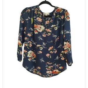 Fun 2 Fun Blue Floral Print Vneck Blouse